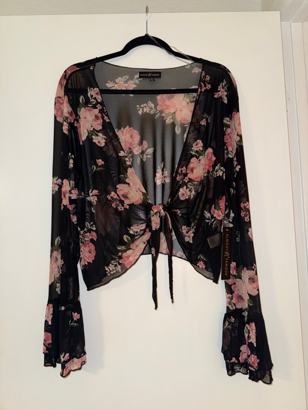 Almost Famous Black Floral Tie-Front Sheer Blouse with Pink Roses